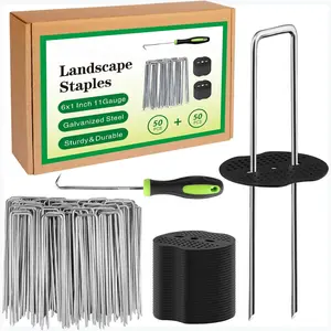 Garden Stakes,6 Inch 11 Gauge 50pcs Galvanized Landscape Staples + 50pcs Gaskets + 1Pick Hook,Tent Stakes Landscaping Fabric SOD Pins for Weed Fabric Barrier,Groud Cover,Fence