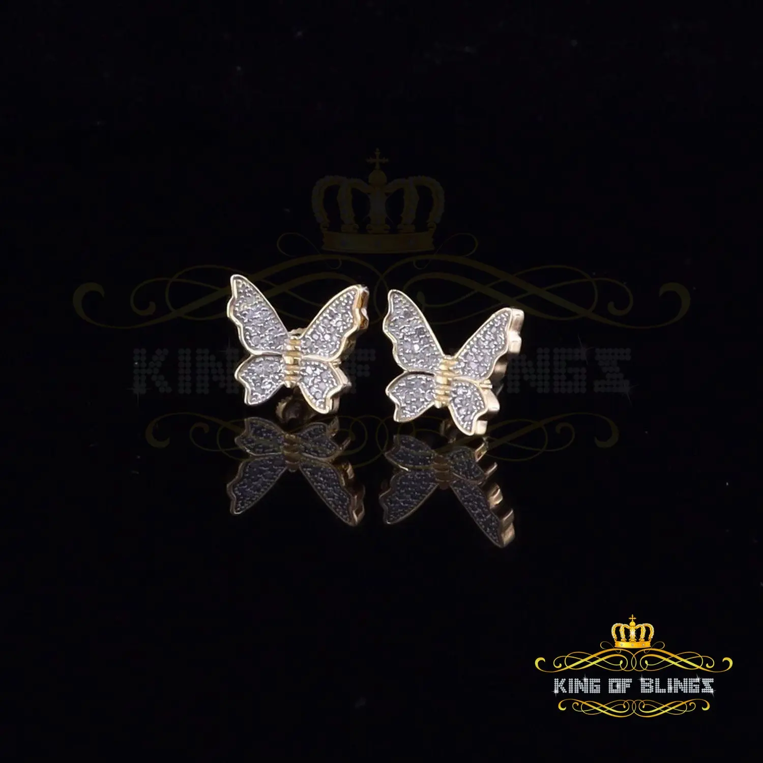 King of Blings-Women's 0.25ct Real Diamond Butterfly Stud Earrings Yellow 925 Sterling Silver