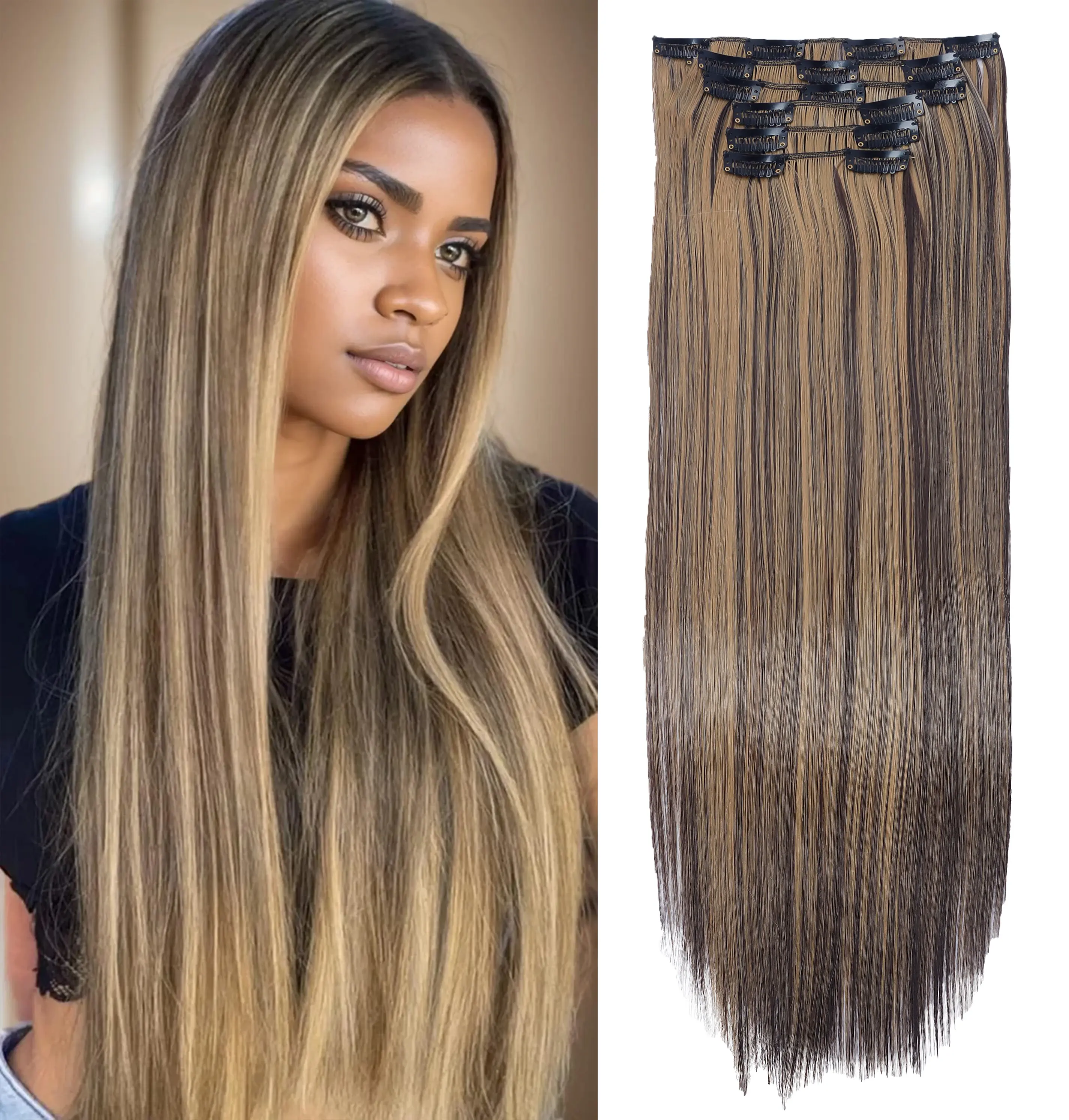 Clip in Hair Extensions 6PCS Straight Hair Extensions for Women 24 inch Heat Resistant Natural Fluffy Synthetic Clip-in Hairpiece Cool Brown with Blonde Highlights Set Busy Lifestyle Fashionable