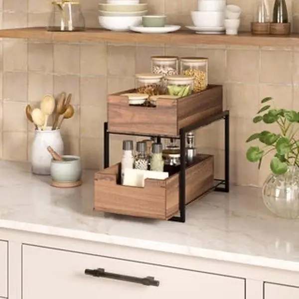Seville Classics 2-Tier Acacia Solid Wood Sliding Bin Organizer with Handle, Stackable Home Storage Containers, Modern Open Home Organizer