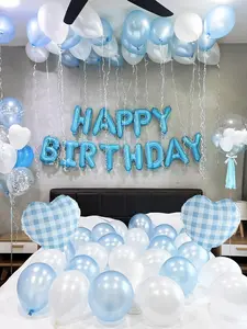 45PCS 16" Light Blue Happy Birthday Letter Foil Balloons Set – Faux Pearl Light Blue & White Latex Balloons, Blue Plaid Heart Foil Balloons, Elegant Party Decorations