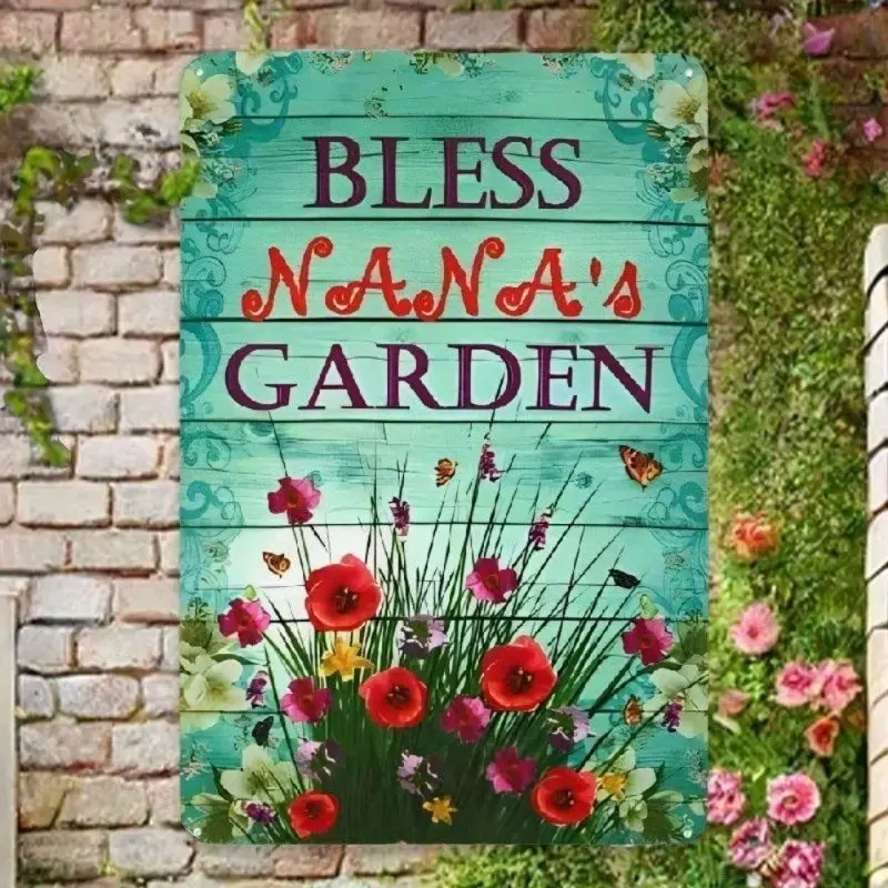 BLESS NANA'S GARDEN Welcome Sign Metal, Rustic Outdoor Wall Decor Plaque, 12x8 Inch Weather-Resistant Housewarming Gift for Porch