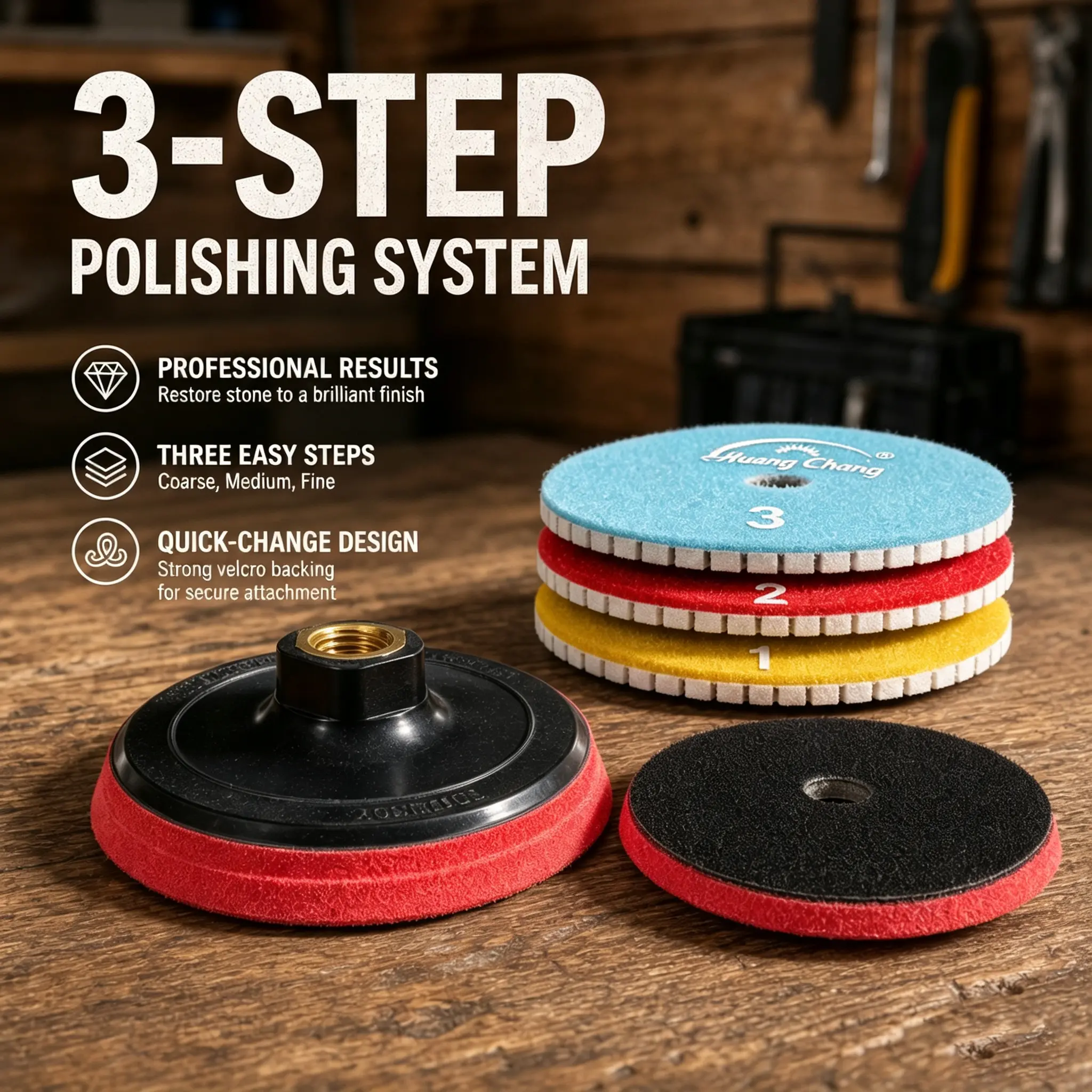 4-Piece Diamond Resin Wet Polishing Pads Set (1-3 Grit), 4" Rhombus Angle Grinder Attachments with 5/8-11 Hook-Loop Backer for Flat Granite Quartz (HC-WDP4-4S)