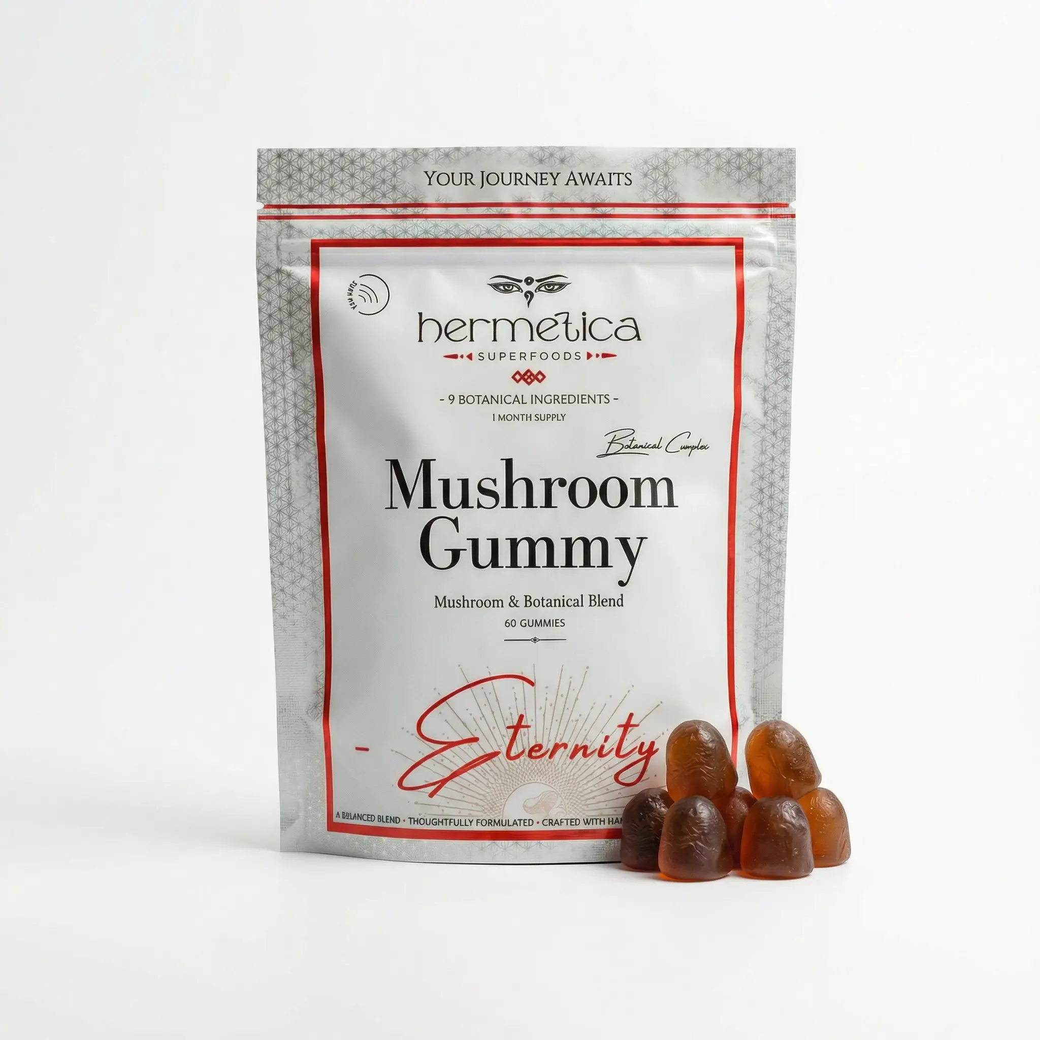 Hermetica Eternity Mushroom Gummies - 12-in-1 Botanical Complex 60ct Vegan Gluten-Free Non-GMO Natural Flavored Energy Boost - Healthcare