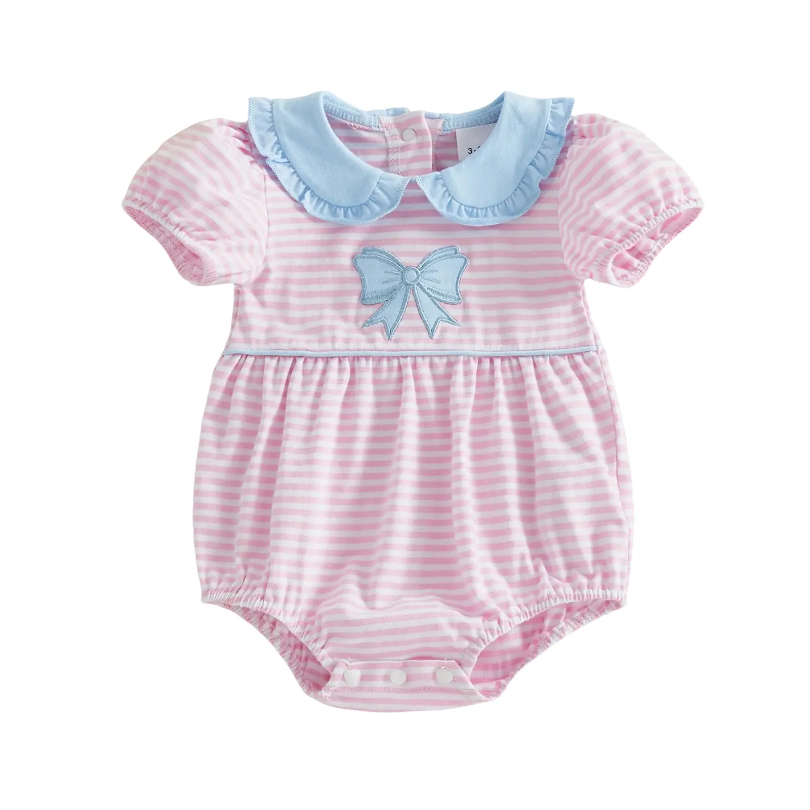 PYBCVRRD Baby Clothing for Newborn Infant Girls (0-18 Months), Summer Casual Short Sleeve Doll Collar Bow Embroidery Stripes Print Bodysuit Jumpsuit