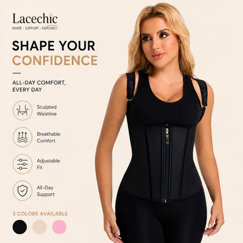 Women's Tummy Control Shapewear Waist Trainer Vest with Open Bust Design and Adjustable Straps Featuring Hook and Eye and Front Zipper Closures