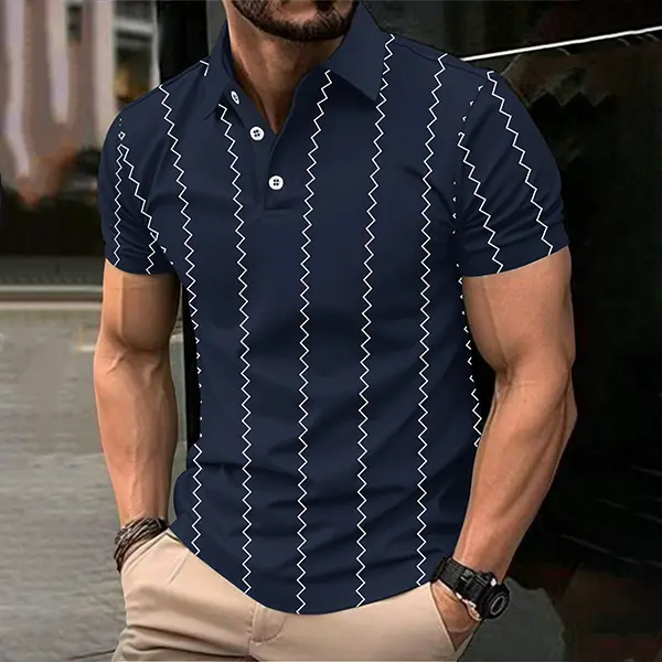 Men’s Regular-Fit Striped Buttoned Polo Style Top - Short-Sleeve Casual Polo Shirt, Summer Fashionable Everyday Wear, Buttoned Polo Shirt