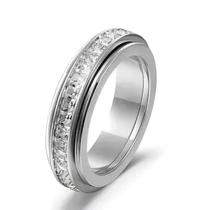 Unisex Titanium Steel Spinner Anxiety Ring, Cubic Zirconia Fidget Band Ring for Stress Relief, Comfort Fit Wedding Promise Ring Size 5–12