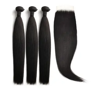 Yaki Straight Hair 3 Bundles With 5x5 Transparent Lace Closure
