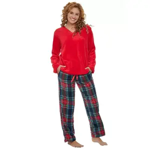 ADR Women's Soft Warm Fleece Pajamas Plush Lounge Set, Long V Neck Top and Pants, PJ Classic Tartan Plaid Blue 2X (A0325W702X)