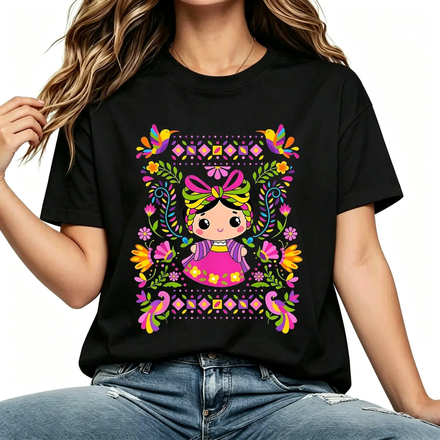 Women's Mexican Mazahua Lele Maria Cartoon Folk Art Graphic Floral Pattern Short Sleeve Crew Neck Casual Tee, Bohemian Ethnic Tops, Machine-Washable Comfy Womenswear