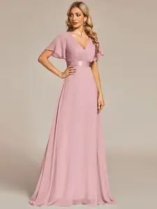 Ever-Pretty Long Empire Waist Bridesmaid Dress with Short Flutter Sleeves 09890 Womenswear Comfort Fitted