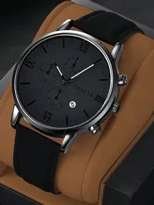 1 piece/set of fashionable, versatile, personalized, street trendy, and business style men's black PU bracelet, calendar quartz watch, the best gift for your boyfriend