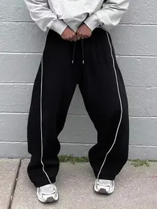 Men's Striped Casual Streetwear Pants, Loose-Fit Woven Fabric, Fall & Winter Fashion, Trendy Sporty Style, Versatile Long Straight Leg Trousers