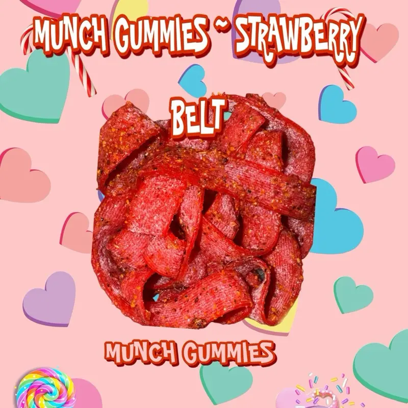 Munch Gummies ~  Strawberry Belts includes 6oz strawberry belts and 1.7oz chamoy