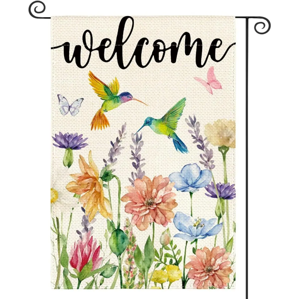12x18in Double-Sided Watercolor Wildflowers Decorative Garden Flag, Hummingbird & Butterfly Welcome Banner for Patio, Porch - Outdoor Home Festive Decor