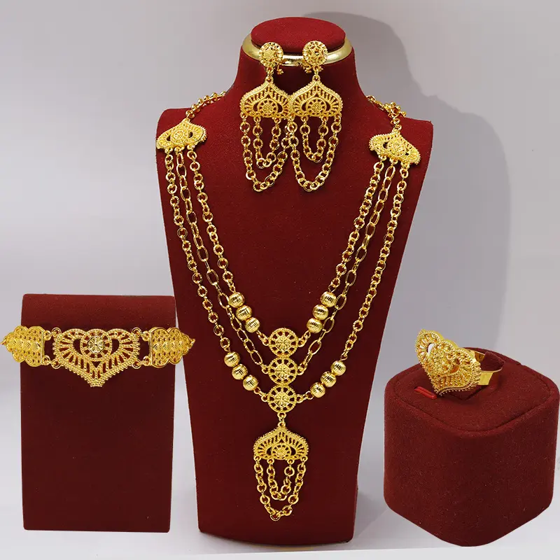 4Pcs 24K Gold Plated Traditional Indian Jewelry Set - Multi-Layer Statement Necklace, Tassel Earrings, Bracelet & Ring - Perfect For Bridal, Wedding & Party