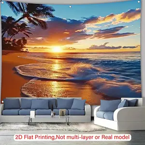 1pc Sunset Beach Tapestry - Vibrant Ocean Sunset with Palm Trees, 2D Flat Printing Polyester Wall Hanging for Living Room, Bedroom, Studio - Ideal Gift for Weddings, Birthdays, Anniversaries, Beach Theme Decor
