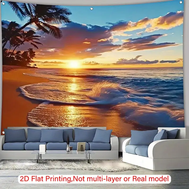 1pc Polyester Sunset Beach Tapestry - Vibrant Ocean Sunset with Palm Trees, 2D Flat Printing Wall Hanging for Living Room, Bedroom - Ideal Gift for Beach Theme Decor