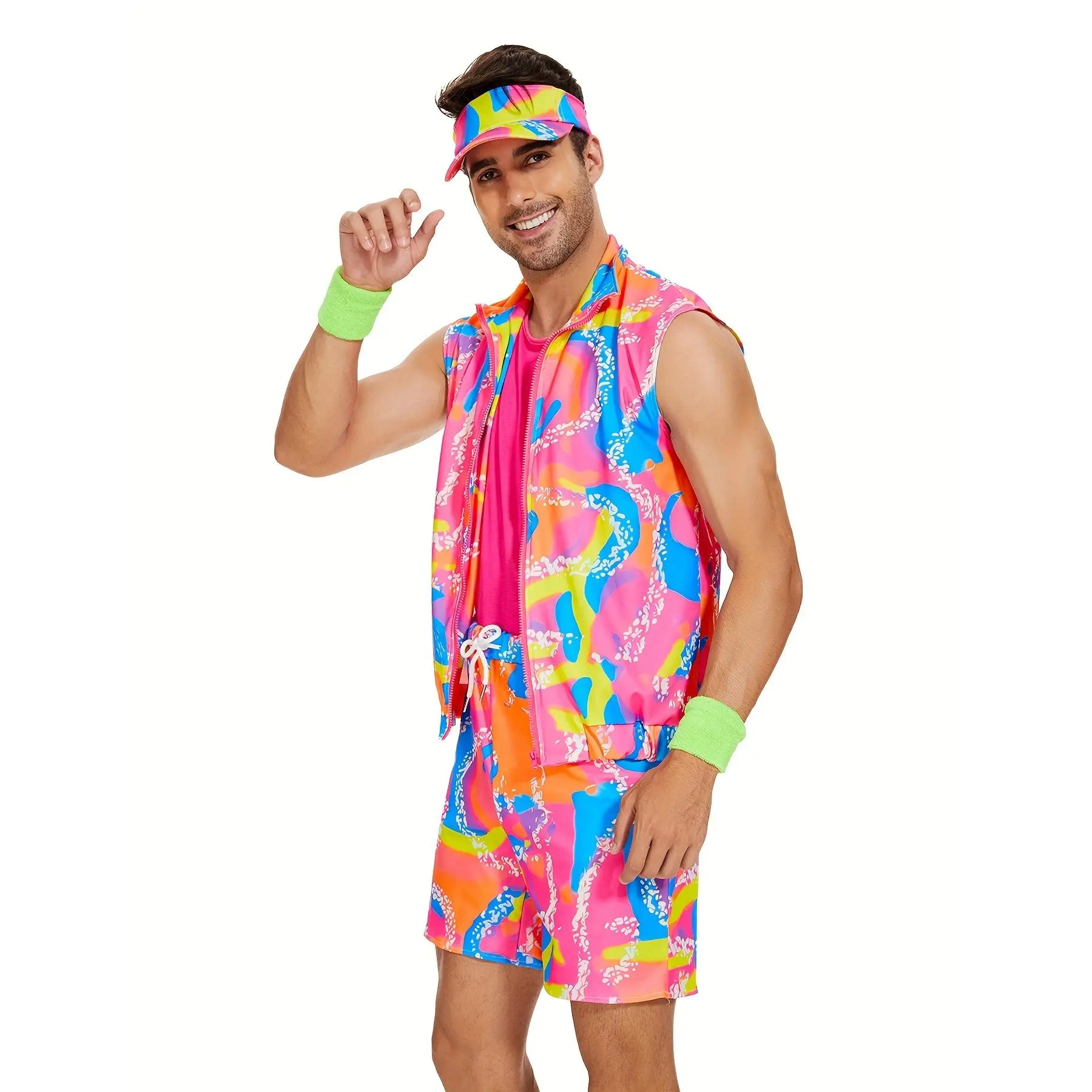[80s 90s Workout Costume Swimwear] Resort Style, Pink Style, Halloween Cosplay Couple Outfits Swimwear Suit 80s 90s Workout Costume Party Clothing, Sun Hat & Wristbands Menswear Man Midi Tropical Gamis Camo Camouflage