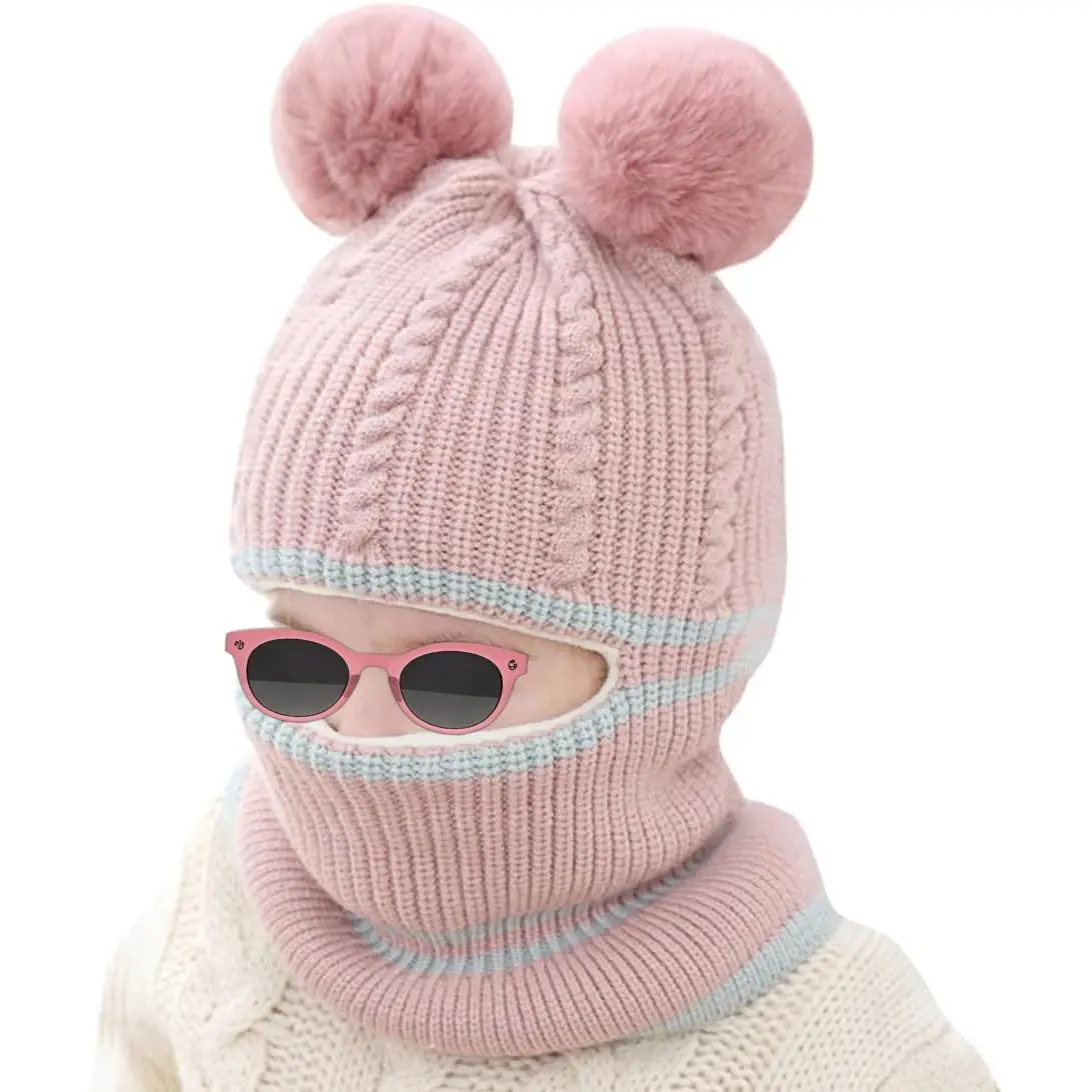 2-in-1 Toddler Winter Hat and Balaclava, Cute Fleece Lined Knitted Beanie with Pom Pom and Ear Flaps for Baby Boys & Girls, Cute Beanie Hat, Folds To A Hat