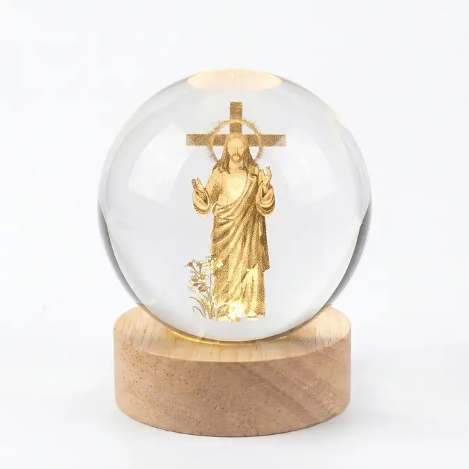 3D Jesus Image K9 Glass Crystal Ball Night Light, Laser Engraved Bible & Praying Hands Wooden Base, LED Glow Small Size Christian Inspirational Gift for Men, Religious Home Decor for Baptism, Christmas