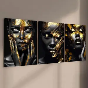 2D flat Wall decor framedWooden Framed Canvas Wall Painting, 3 Counts Modern Graffiti Figure Pattern Poster, Fashion Figure Home Decoration, Room Mural, Office Decoration Print Set Multicolor