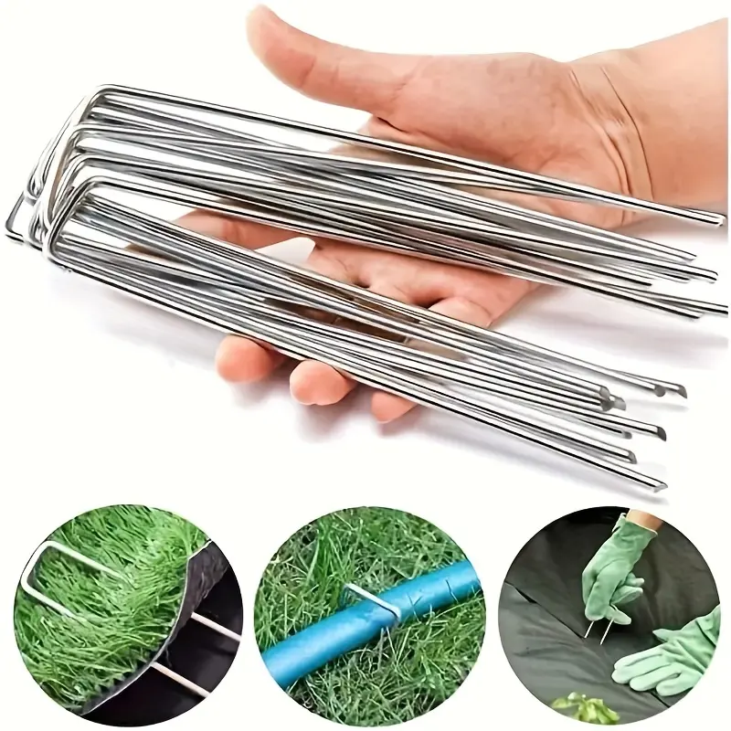 Galvanized Steel U-Shaped Outdoor Ground Spikes (100/200 Pieces) - Steel & Plastic Garden Landscape Pins for Secure Plants, Planting Pots, Lawn Fabric, Essential for Stable Setup, Containers