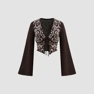 Cider [size 2-10] Knit V-neck Leopard Bowknot Crop Long Sleeve Top SwimWeek