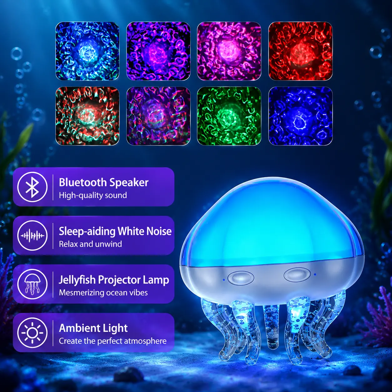 4-in-1 Multifunctional Adjustable Bluetooth Audio Speaker - Wireless Music Player with 8 Types White Noise, Ocean Waves, Jellyfish Projection Lights, 8-Color Ambient Night Light, Remote Control, Automatic Timer, USB Powered for Bedroom Parties, Wireless S