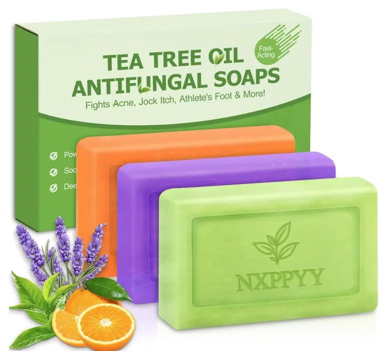 Antifungal Soap-Antibacterial Soap Bar with Tea Tree Oil- Body & Face Wash for Acne, Folliculitis, Eczema, Body Odor, Jock Itch, Athletes Foot, Ringworm & Tinea Versicolor (3Bars x 2.82 oz)