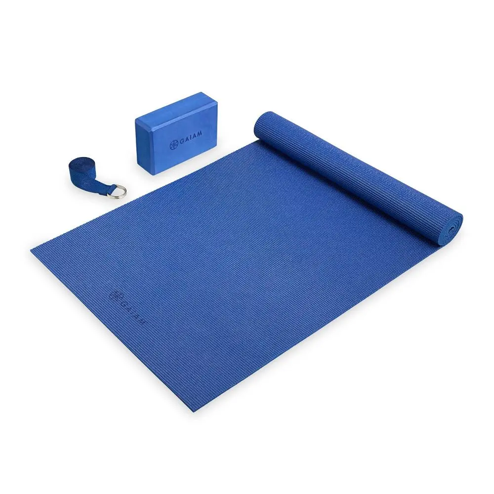 Gaiam Beginner's Yoga Kit, 3-Piece Blue PVC Equipment Set with 6mm Grippy Mat, Block, and 6ft Strap, Yoga Mat, Mat Yoga