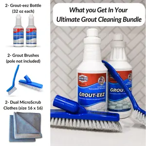 The Complete Grout Renewal Kit - 2 Grout-eez 32oz Bottles, 2 MicroScrub Cloths, 2 Grout Brushes, Safe for Ceramic & Porcelain Tile Grout Cleaning Microfiber Cleaner Set