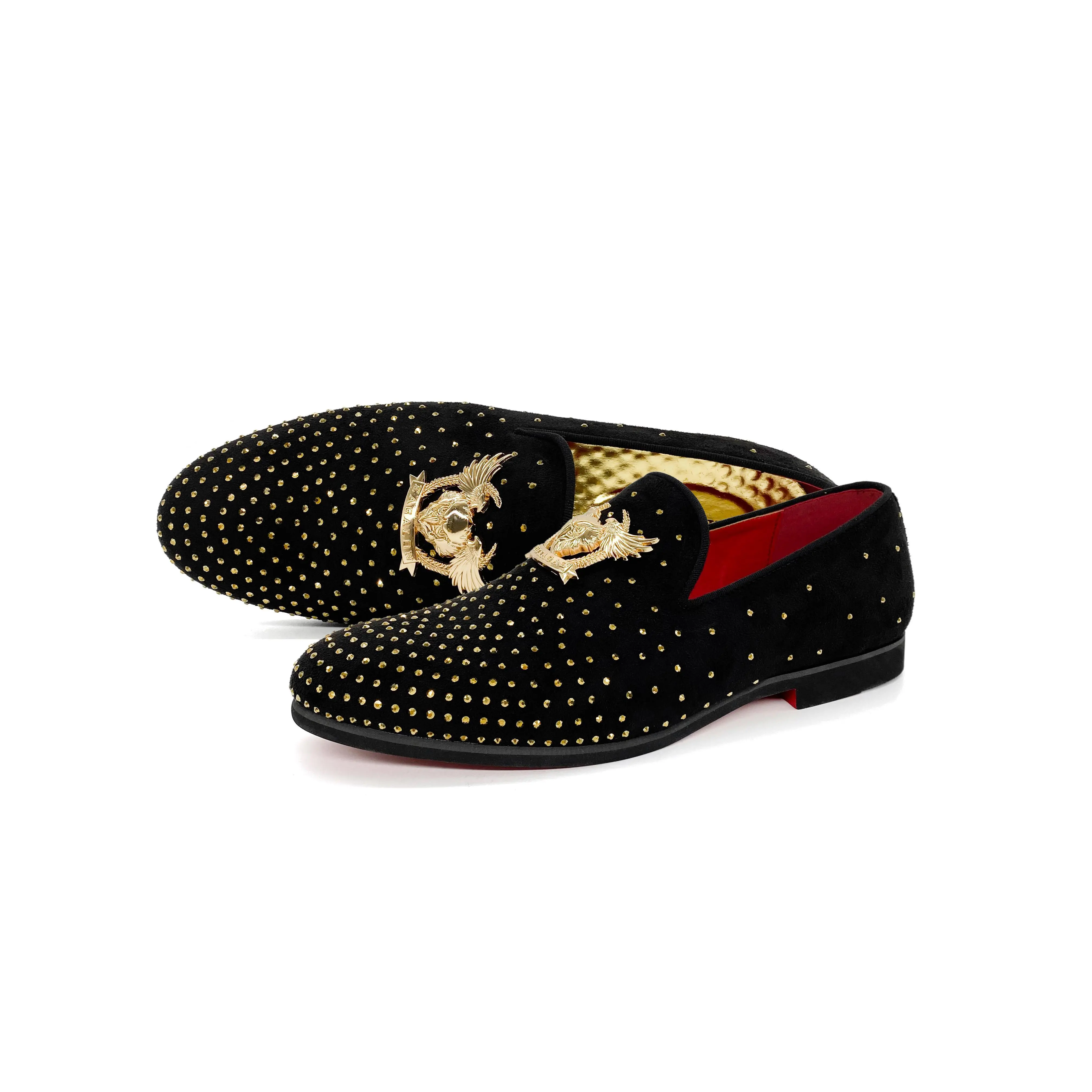 Men's Black Glitter Studded Cushiony Flat Loafers - Business Style, Modern Chic, Hands Free Slip-Ins, All Seasons Evening Shoes with Chain, Rivet, Ankle Support, Luxury Rubber Sole Dress Footwear for Weddings, Tuxedo Nights Out, Business Style Loafers, Cu
