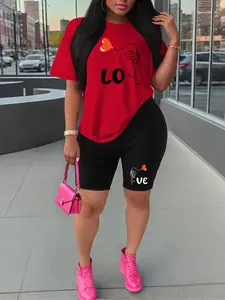 Summer New Casual Short Sleeve and Shorts Set, Trendy Couples LOVE Print, Women's Comfortable Outdoor Sports, Fitted Knitting Fabric, Workout Running Clothes, Workout Running Outfits, Athletic Fashion Activewear