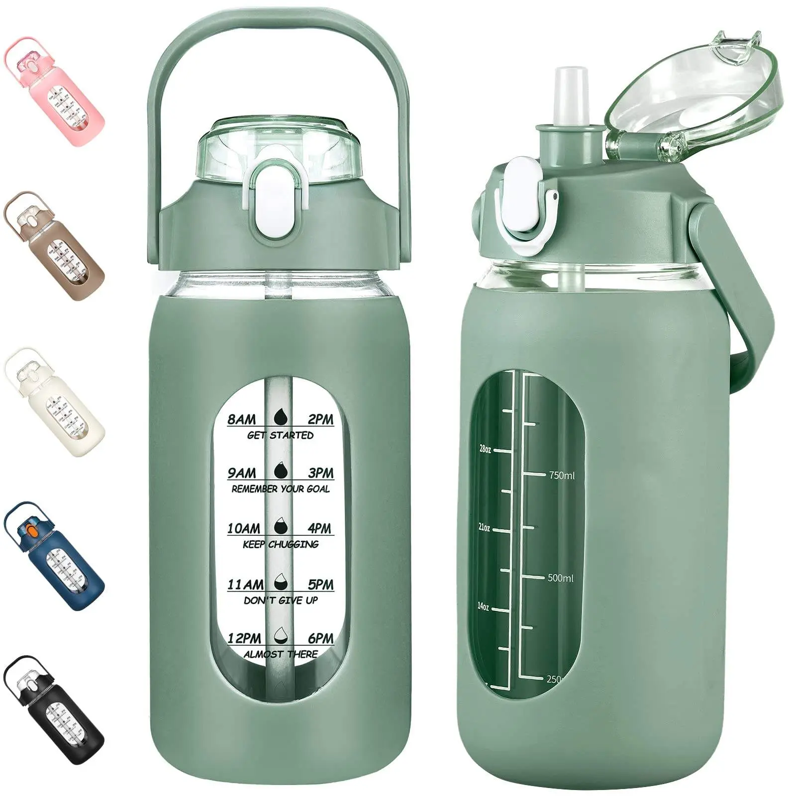 50.07 oz /1.5Litre Glass Water Bottles with Straw Time Marker Half Gallon Large Motivational Water Bottle with Silicone Sleeve