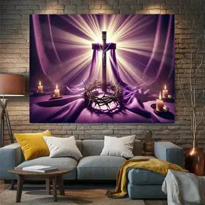 1PC 2D Flat Easter Cross Crown of Thorns Polyester Backdrop - Christian Faith Religious Festival Decor, Birthday Photography Banners, Home Supplies Background Wall Curtain