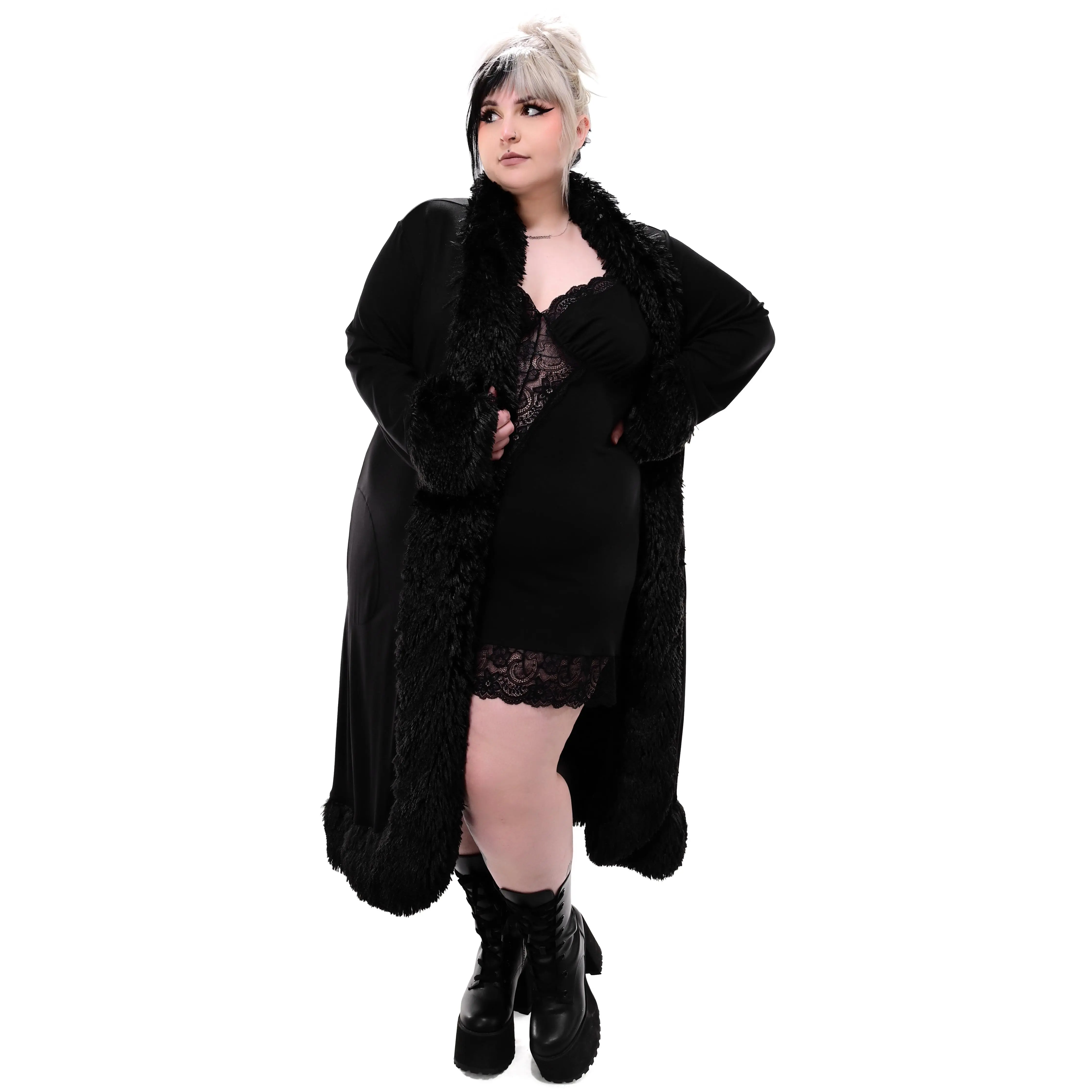 Foxblood Shop Women's Nico Loose Oversize Black Duster Coat - Soft Faux Fur Trim, Thick Fabric Outerwear, Alt Clothing Jackets, Tops for Women
