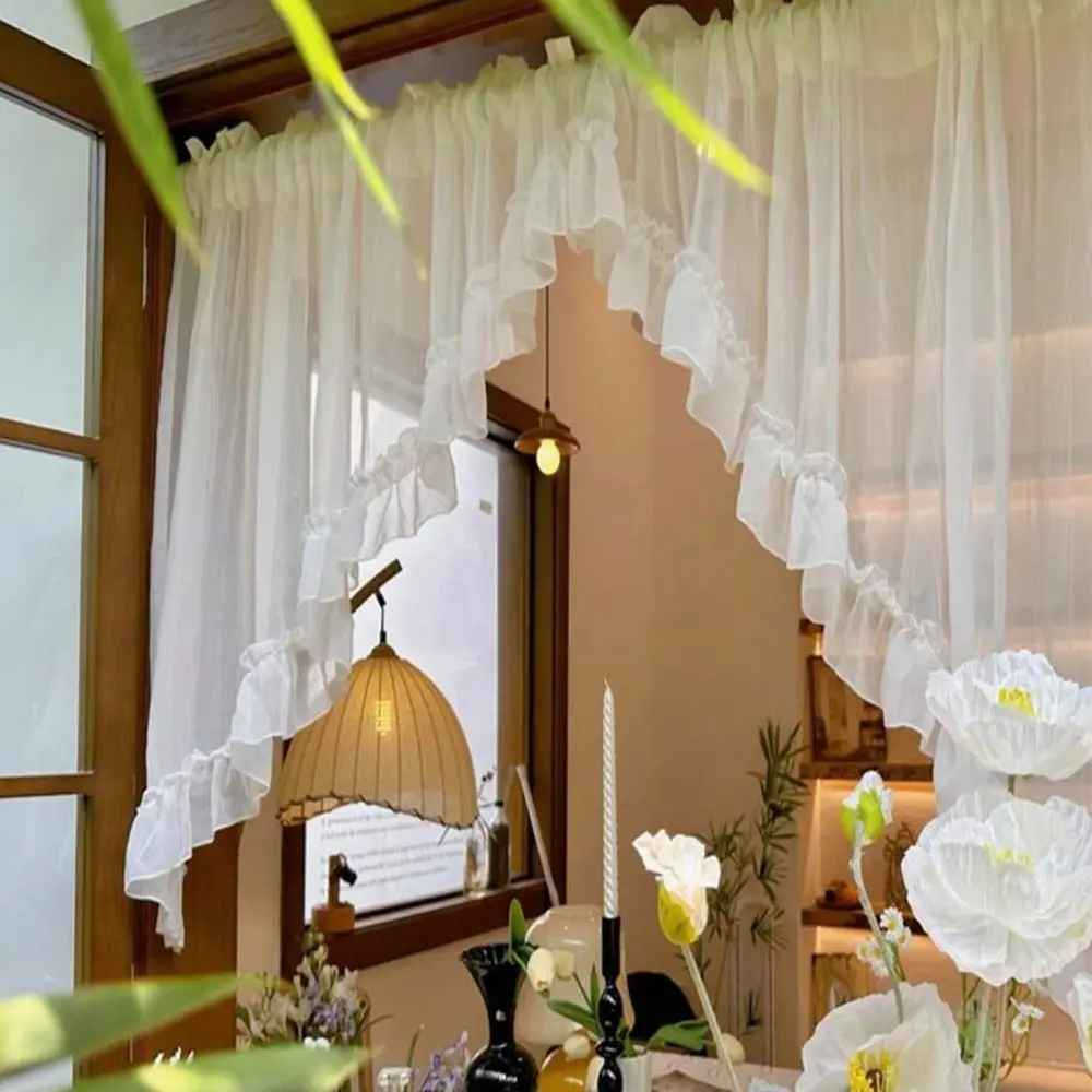 1pc French Country Style Ruffled Sheer Curtains, Semi-Transparent Sunscreen Drapes, Suitable for Living Room, Bedroom, Study