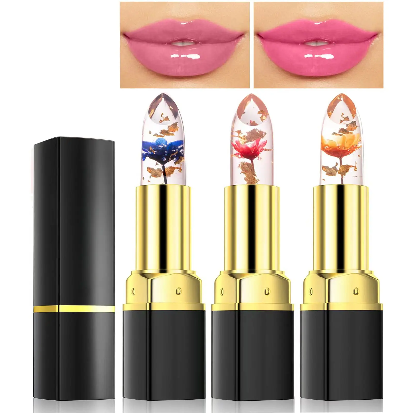 3Pcs Jelly Clear Crystal Flower Lipstick Set, Magic PH Temperature Color Changing Lipstick Lip Gloss, Natural Moisturizing Lip Balm Korean Labiales Magicos Lip Gloss Lip Tinted Stain Makeup