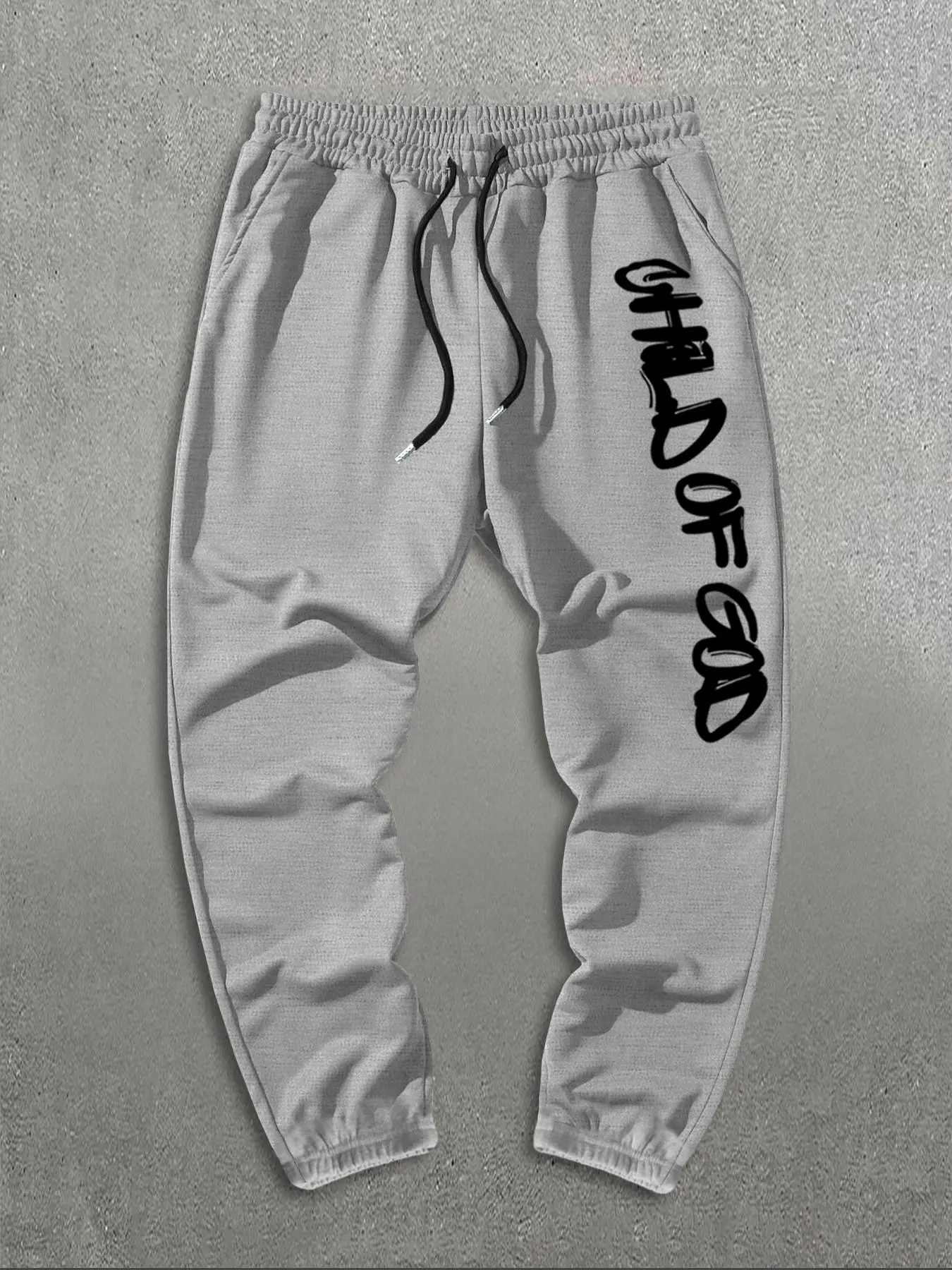 Men's Solid Color Child Of God Slogan Print Thermal Lined Drawstring Waist Sweatpants, Regular Fit Casual Comfy Pocket Jogger Pants for Spring & Fall, Casual Athletic Jogging, Drawstring Sports Pants