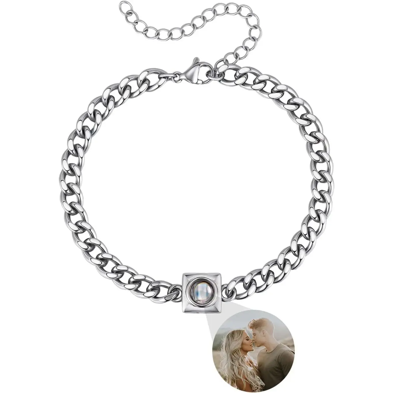 Gamtic Personalized Bracelet with Picture Inside Custom Photo Projection Bracelets 6.3"-8.27" Stainless Steel Cuban Chain Memorial Jewelry Birthday Gifts for Men/Dad/Husband/Boyfriend