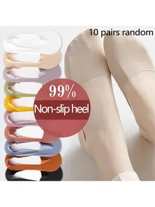 Women's Invisible Socks, 10 Pairs, Everyday, Breathable Sweat-Wicking, Shock Absorbing Sole, Non-Slip Silicone Design, Casual Style, Seamless, Womenswear