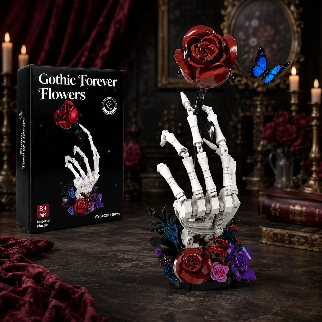 Gothic Rose Skeleton Hand Plastic Block Building Set - 449-Piece Dark Romance Style Model, Blue Butterfly, Never-Fading Flower Decor, Unisex DIY Collectible Gift for 8+ Adults, Plastic Blocks Display Toy