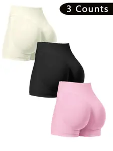 Women's Solid High Waist Sports Shorts, Stretch Knit Shorts, Breathable Comfortable Seamless Skinny Shorts, Ladies Sportswear for Indoor Outdoor Wear, Athletic Wear Shorts, Gym Exercise Activewear