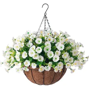 1 set of artificial hanging petunia flower basket, Artificial hanging baskets, 19.69 inches with coconut liner, spring outdoor decoration, DLY anti-oxidation artificial flowers, suitable for indoor and outdoor use, balcony, room, wedding decoration