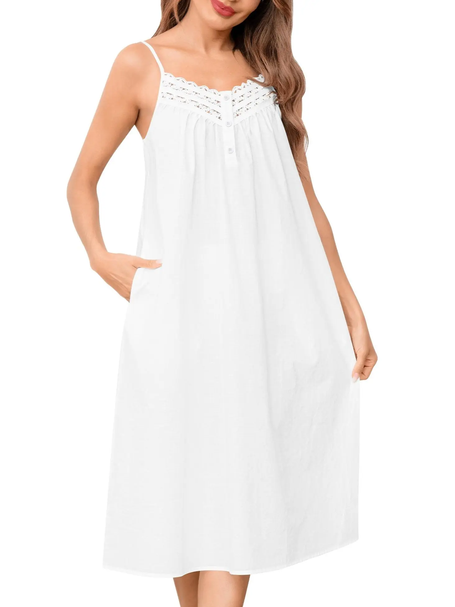 SWOMOG Women's Victorian Elegant Sleeveless Lace Nightgown-Pajama, Soft Rayon Lady Party Bedroom Nightwear with Inner Pockets, Decorative Buttons, Adjustable Straps, Machine Washable, Low Temp Tumble Dry/Hang Dry, Ideal Gifting for Bestie
