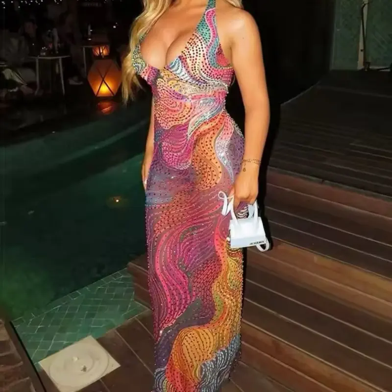 Diamond Print Dress Women Backless Split Colorful Halter Sexy Deep V-Neck Elegant Birthday Party Stretch Vestidos