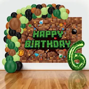 Pixel Balloon Garland Kit Gamer Theme Party Set with Backdrop Banner & Number Balloon Arch Decor