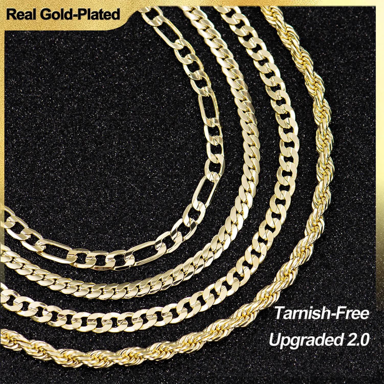 Holylegend 14K Real Gold-Plated Rope, Figaro, Miami, Cuban, Byzatine, Franco Necklace Chain 24 Inches Long,Tarnish-Free, 8mm/10mm Width, Secure Clasp,Father's Day Gift